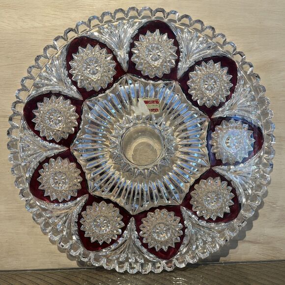 Vintage Bleikristall Crystal Platter Red Bohemian Clear Cut Glass 10" Holiday - Picture 1 of 6